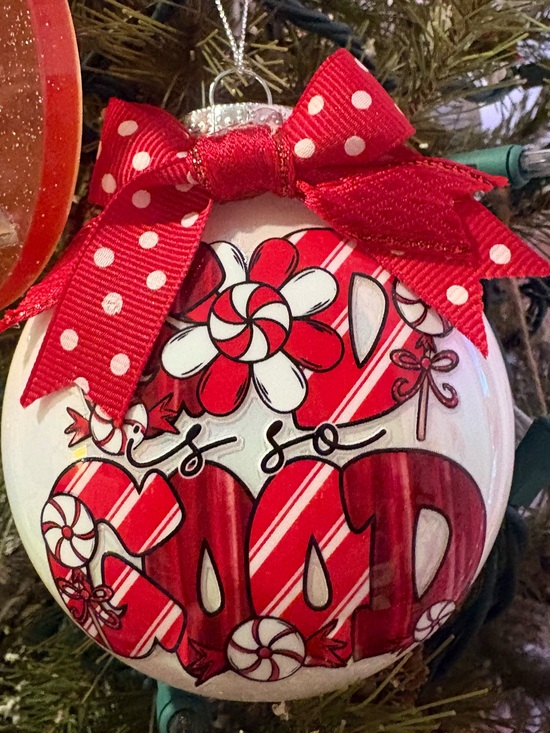 Other - God is So Good' Red Candy Stripe shatterproof Ornament with Red Polka Dot Bow